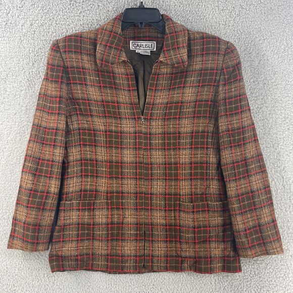 Vtg Carlisle Womens Blazer Jacket Wool Blend Tweet Plaid Sz 12 Zip Boho Office - Picture 1 of 10